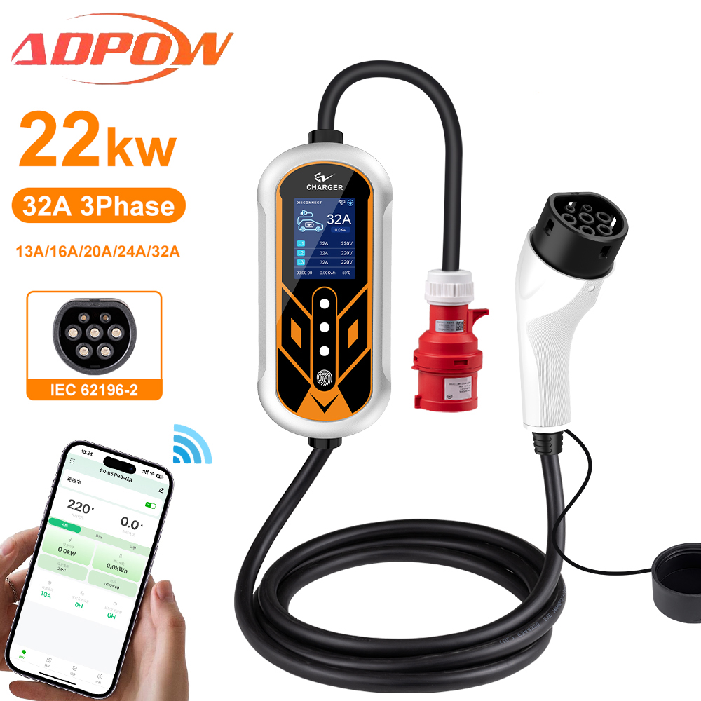 Portable Ev Charger 32A Type 2 Cee Plug - ADPOW Pengisi Daya EV Portabel 32A